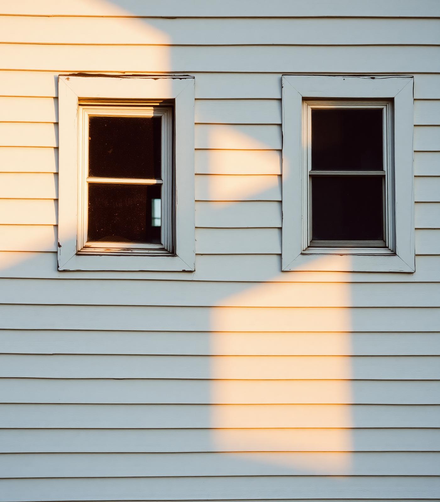 Morning light on weathered clapboard siding.